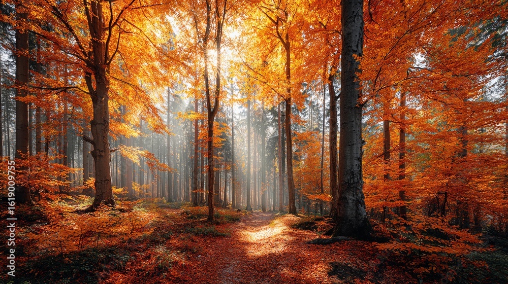 Obraz premium Vibrant autumn forest showcasing orange and golden leaves with sunlight streaming through trees on a serene nature path