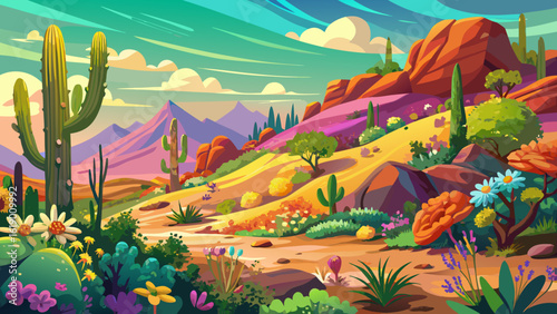 
The beautiful, colorful desert hillside during springtime in Tucson, Arizona, USA blooms with wildflowers beneath clear skies. Semi-realistic vector style captures cactus shadows, bright blossoms, an