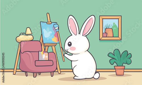 Adorable bunny artist creating masterpiece on easel in cozy room with plush chair and potted plant