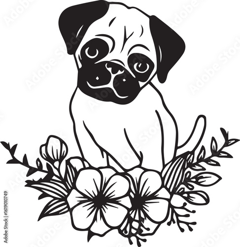 Adorable Pug Puppy Sitting Among Flowers: A Wonderful Companion, Adding Joy and Beauty to Our Daily Lives.