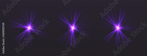 Party laser beams, purple disco show spotlights, concert stage lights. Glowing show lasers. Magic rays for a dance party. Vector illustration.