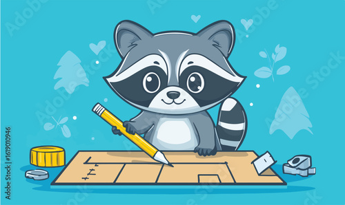 Cute cartoon raccoon drawing plans with pencil and measuring tape in bright blue background