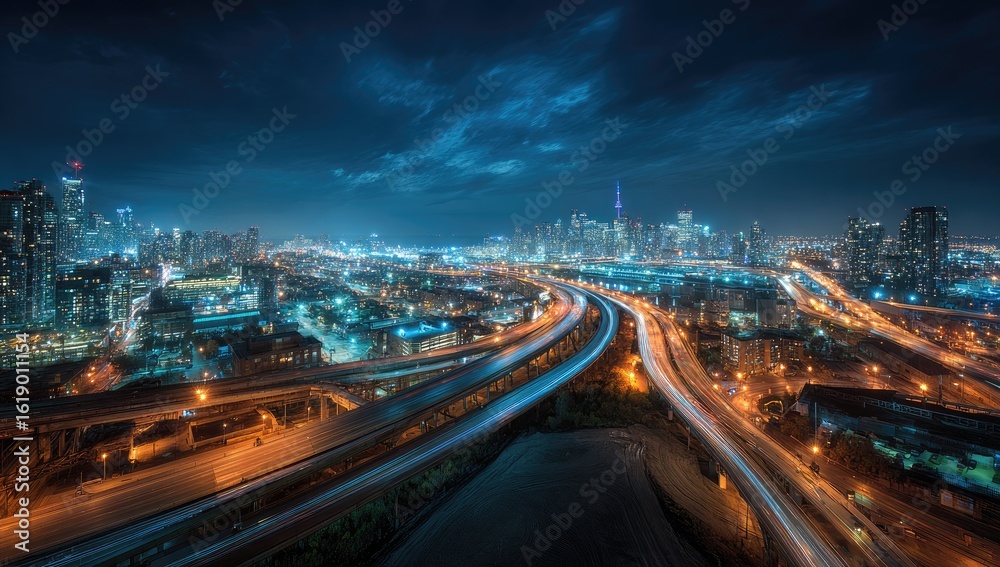 Fototapeta premium Night Cityscape Elevated Highway Interchange, Toronto