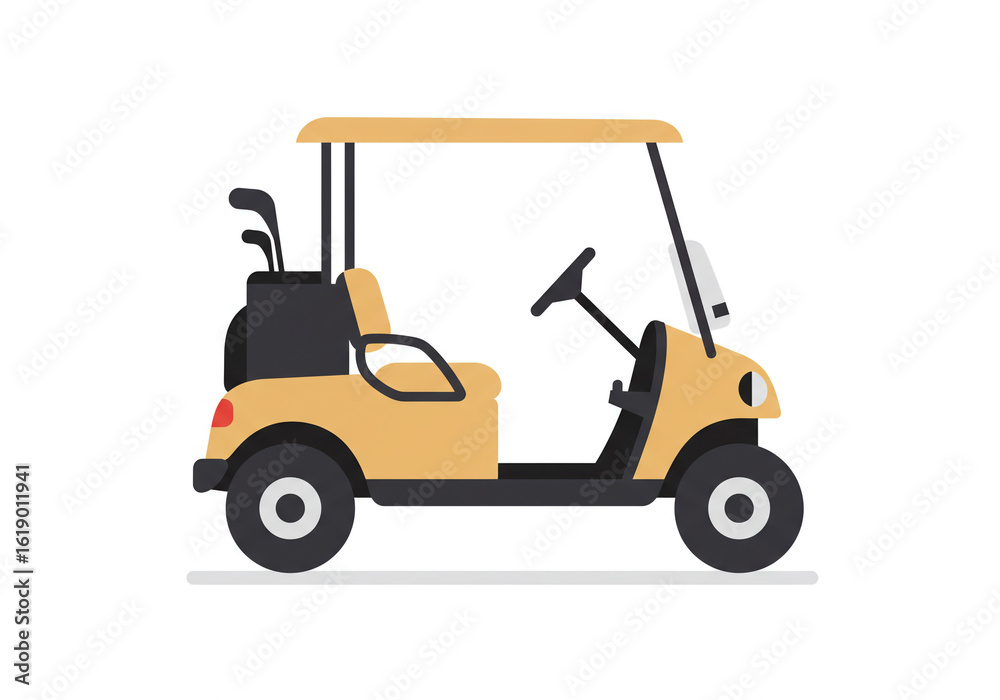 Fototapeta premium A tan golf cart with a black golf bag and clubs on a white background in vector art