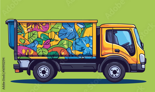 Vibrant floral artwork adorns a bright yellow delivery truck, bringing artistic flair to urban transport