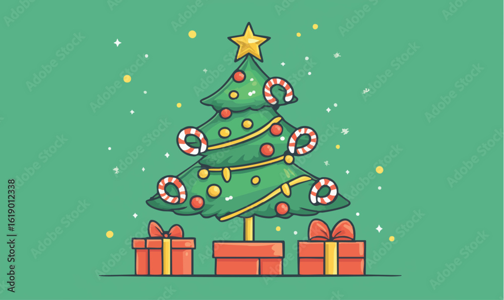 Fototapeta premium Festive Christmas tree adorned with ornaments and gifts, creating a joyful holiday atmosphere