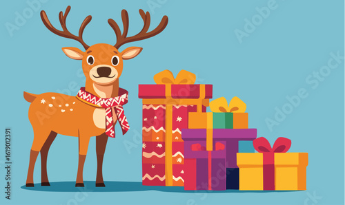 Festive reindeer with colorful gifts, ready for holiday cheer and celebrations