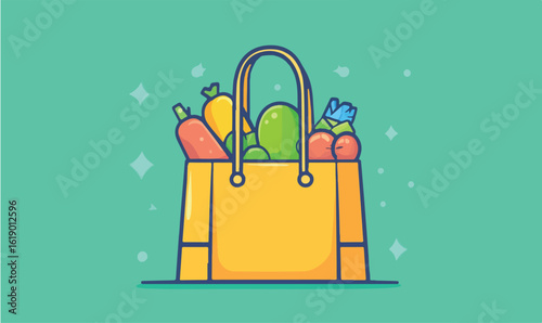 Bright yellow grocery bag overflowing with fresh, vibrant produce on a teal background