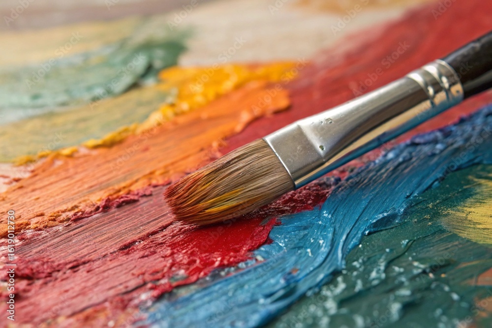 Paintbrush on Colorful Oil Paint Strokes Palette Paintbrush on Colorful Oil Paint Strokes Palette