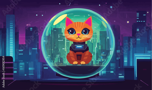 Adorable cybernetic tabby cat ready for futuristic adventures in neon-lit cityscape background