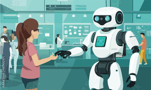 Futuristic service with friendly robots helping customers in a modern, innovative environment