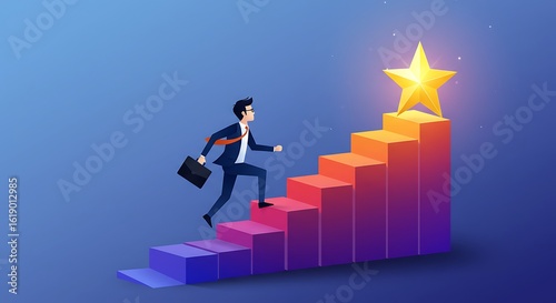 Businessman climbing stairs to a star, a vector concept of career growth, ambition, and achieving business goals.