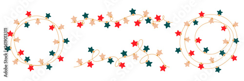 Christmas lights garland with colored star bulbs. Xmas festive string decoration with hanging retro led lamp. Glowing string with lamps for holiday cards, banners, posters, web. Vector illustration.