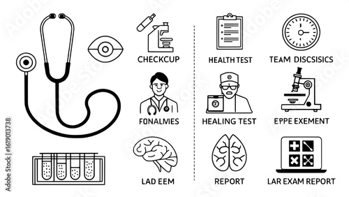 "Infographic-ready medical icon bundle — including checkup symbols like stethoscope, organs, diagnostic tools, hearing test, eye exam, lab reports, MRI scan"