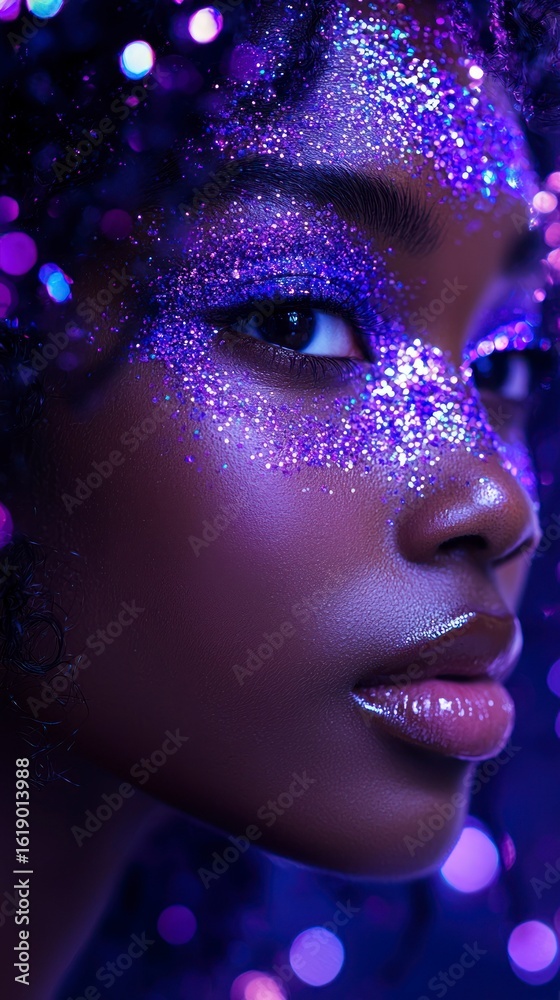 Obraz premium Black model with iridescent makeup and glittered face in vibrant light 