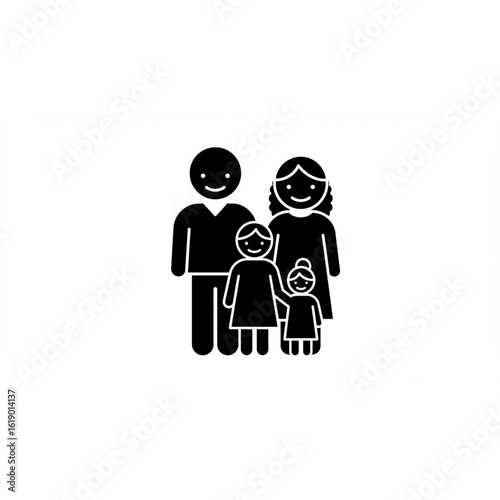 Happy stick figure family of four posing together, smiling warmly for cherished memories and connection.