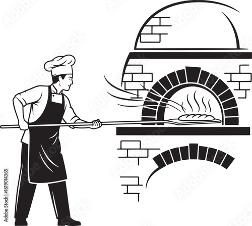 Baker using peel to place bread in brick oven baking