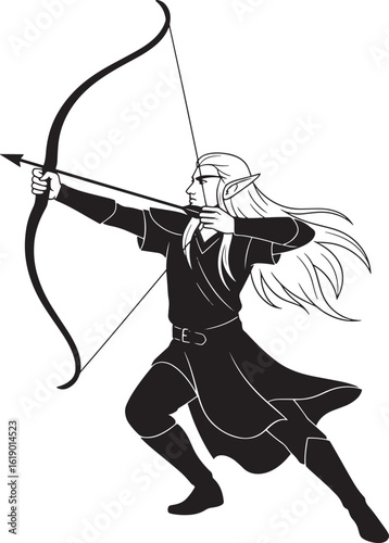 Black and white illustration of an elf archer aiming a bow
