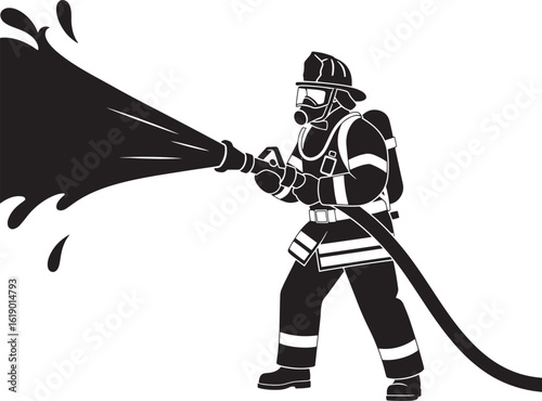 Black silhouette of firefighter spraying water hose