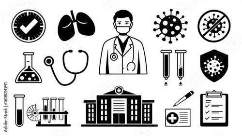 "Black and white solid icons for health check themes — hospital, doctor consultation, stethoscope, liver, kidneys, test tubes, virus detection, research"
