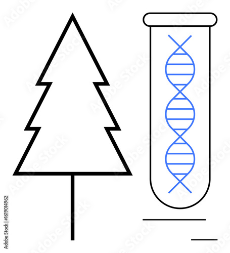 Simplified pine tree next to test tube containing DNA helix, emphasizing nature and research. Ideal for biotechnology, environmental science, genetic studies, conservation, sustainability, forestry