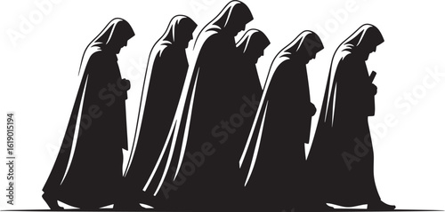Five hooded figures in silhouette walking in procession