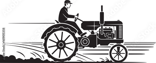 Man driving vintage tractor tilling field farming agriculture