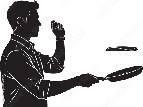 Man flipping pancake in frying pan silhouette cooking