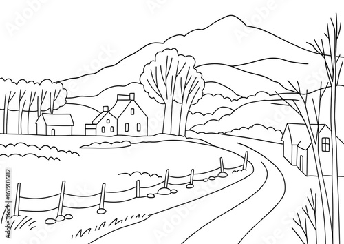 Countryside coloring page landscape with houses trees and mountains