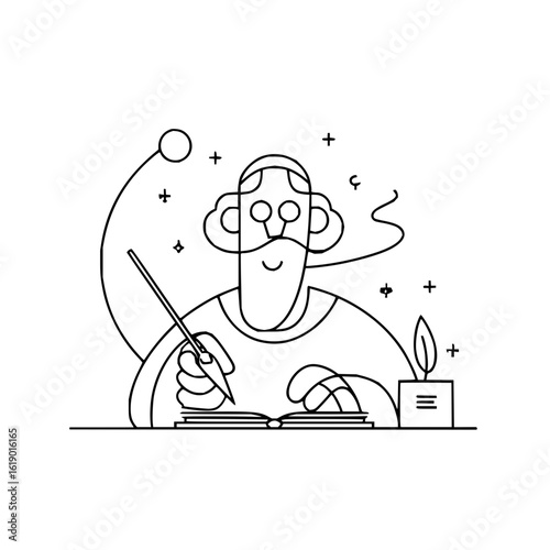 Illustration of a writer authoring book with pen and ink, creative writing and story telling concept art
