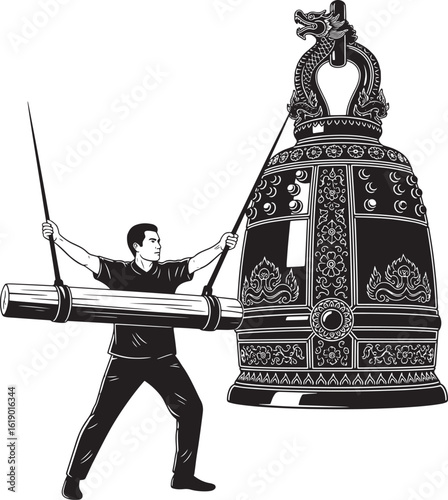 Man striking large ornate bell with wooden beam hitting