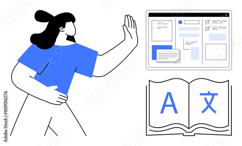 Woman raising hand near multilingual interface and open book with letters. Ideal for language learning, education technology, translation, user interface design, self-learning, communication