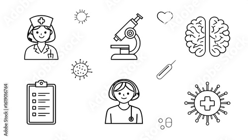 "Cute pastel healthcare icons — nurse, thermometer, medical report, brain scan, hearing aid, microscope, healthy organs, virus and bacteria symbols"