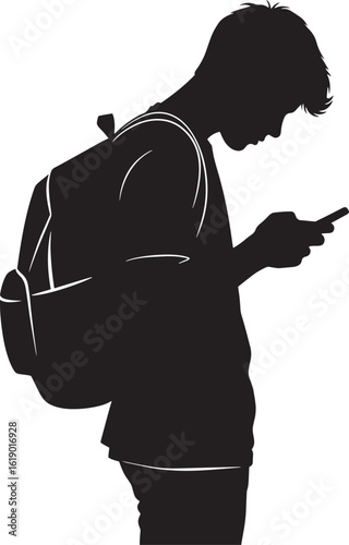 Silhouette of young man with backpack looking at phone
