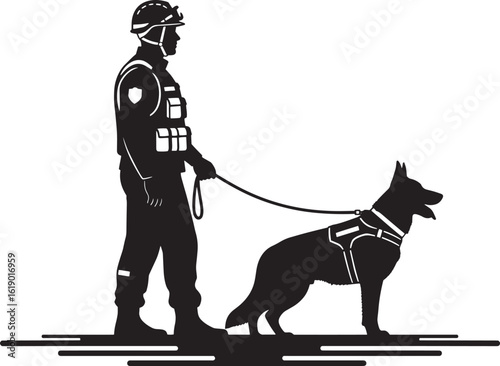 Soldier with German Shepherd dog on leash silhouette