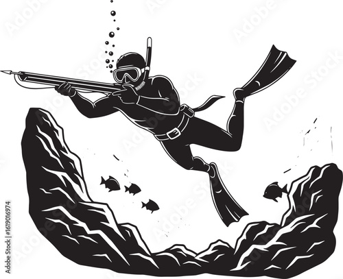 Spearfisherman in wetsuit with speargun and fish spearfishing
