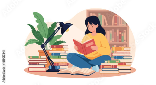 Person Reading a Book in a Cozy Room with Books and Lamp