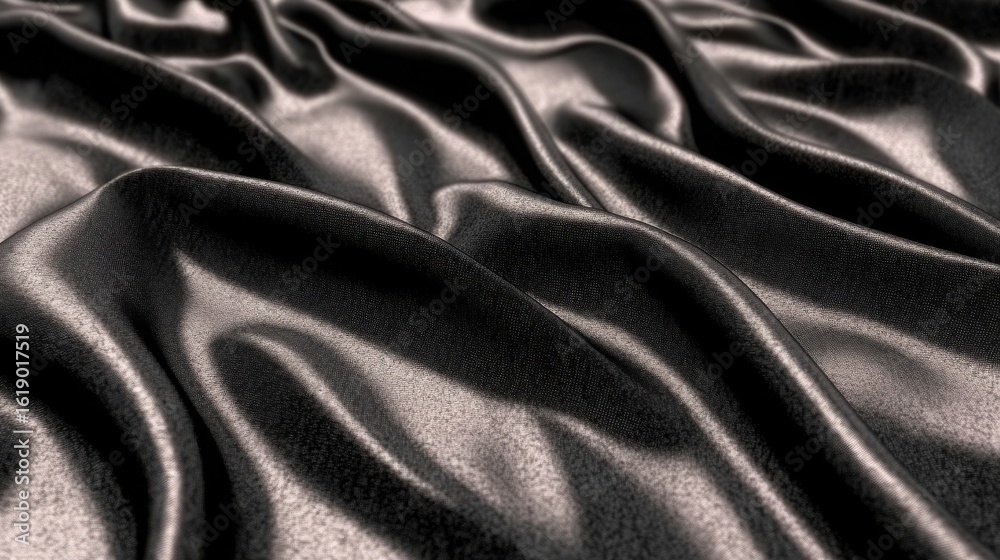 Fototapeta premium Smooth black silk fabric texture--luxury satin folds and wavy background. 