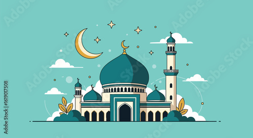 Illustration of a Mosque with Crescent Moon and Stars