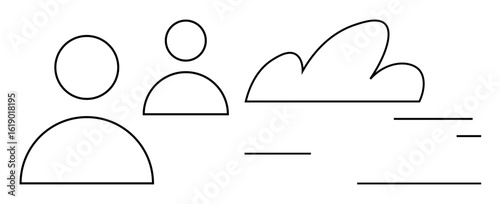 Outline of two individuals with curved cloud and minimal lines. Ideal for teamwork, community, networking, technology, online communication, environment, simple landing page