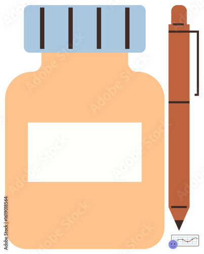 Medicine container labeled for identification alongside a ballpoint pen for documentation purposes. Ideal for healthcare, education, organization, pharmacy, planning, innovation, simple flat metaphor
