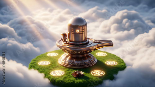 Bronze Shiva Linga on floating island above clouds with celestial light and glowing symbols