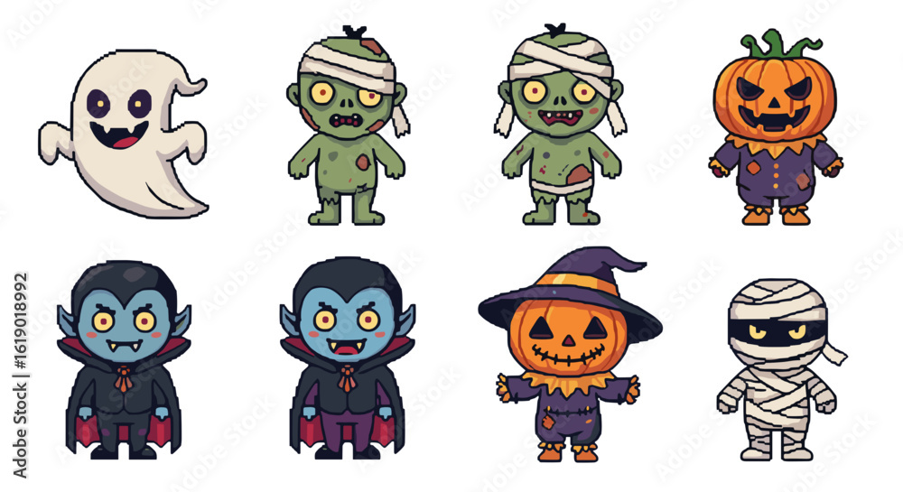 Fototapeta premium Collection of halloween cartoon characters including ghost mummies vampires and pumpkin headed figures