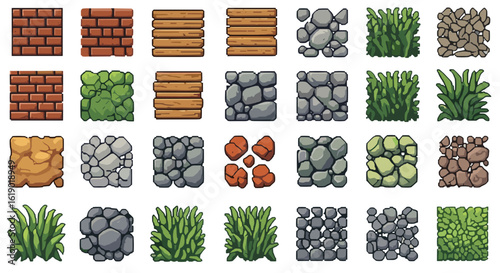 Collection of pixel art textures featuring brick walls wood planks stone formations and tufts of grass