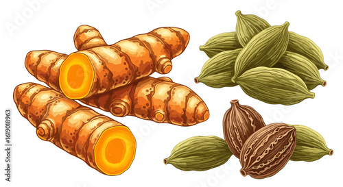 Illustration showcasing a group of turmeric roots alongside a collection of cardamom pods in detail