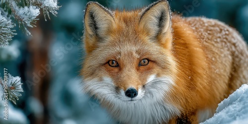 Wild fox with orange fur and piercing eyes in snowy forest during winter season
