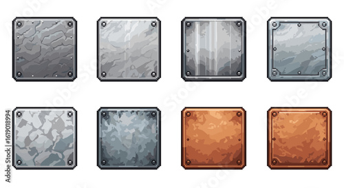Illustration of eight metal plates with varying textures and colors arranged in two rows of four