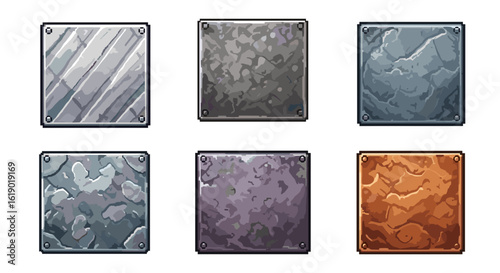 Collection of six rectangular metal plates with different textures and color variations in a set display