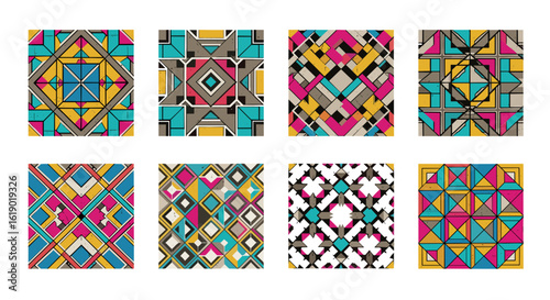 Collection of eight colorful geometric patterns with triangles and diamonds arranged in a grid format
