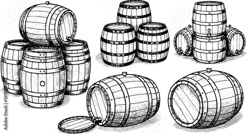 Hand drawn vector illustration of wooden barrels arranged in different positions, showcasing craftsmanship and design elements